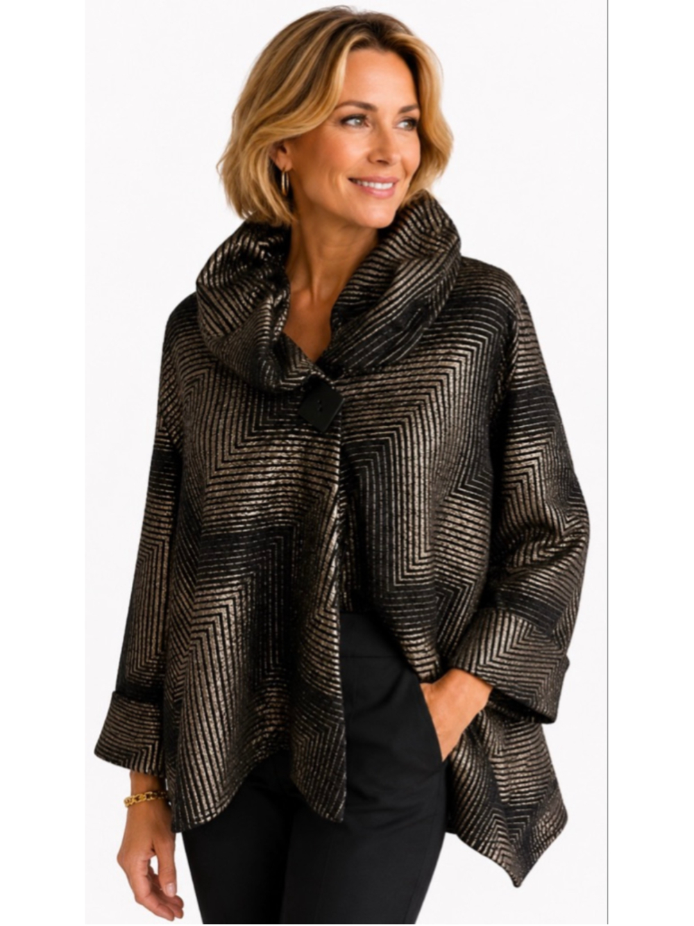 Women's Yushi Black Gold Chevron Cape Jacket M